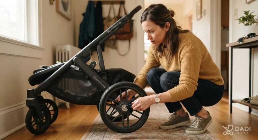 Osoba oglądająca koło i mechanizm mocowania w wózku w celu wymiany koła.